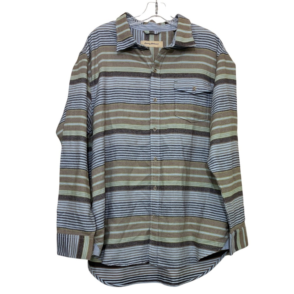 Tommy Bahama XL Blue Brown Striped Cotton Flannel Button Down Shirt Long‎ Sleeve